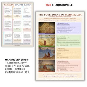 May include: Two charts bundle with text: "MAHAMUDRA EXPLAINED CLEARLY" and "THE FOUR YOGAS OF MAHAMUDRA". The charts are colorful and feature detailed information on meditation and the Tibetan Kagyu lineage. The bundle includes A4 and A3 wall charts, printable and digital download PDFs.
