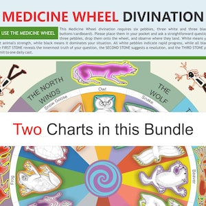 May include: A colorful Medicine Wheel divination chart with text, illustrations, and a central spiral design. The text reads "Two Charts in this Bundle." The chart includes animal symbols and directional elements.