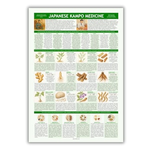 May include: A green and white poster titled "Japanese Kampo Medicine" with detailed information and illustrations of various herbs and their uses. The poster includes text and images of plants, roots, and other natural ingredients.