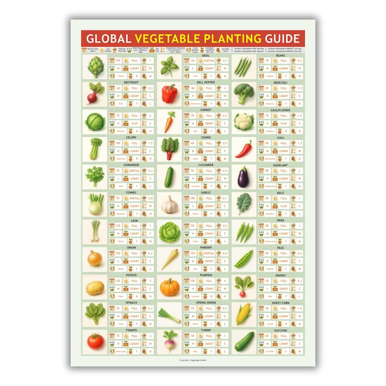 May include: A poster titled "GLOBAL VEGETABLE PLANTING GUIDE" with illustrations of various vegetables. The guide includes information on planting conditions for each vegetable, such as sunlight and soil type. Vegetables include beets, carrots, and tomatoes.