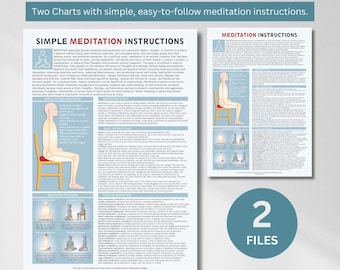 Puede incluir: Dos tablas imprimibles con instrucciones de meditación simples y fáciles de seguir. Las tablas se titulan "Instrucciones de meditación simples" e "Instrucciones de meditación". Las tablas presentan ilustraciones de personas meditando en diferentes posiciones. Las tablas están diseñadas para ser impresas en papel A4 y A3.