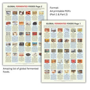 Puede incluir: Dos páginas PDF imprimibles en formato A4 que muestran una lista completa de alimentos fermentados de todo el mundo. Las páginas están llenas de imágenes y texto coloridos, incluido el título "GLOBAL FERMENTED FOODS" y el formato "PDF imprimibles A4 (Parte 1 y 2)."