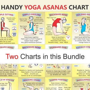 May include: A yoga asanas chart with illustrated poses, including Simple Sitting, Simple Kneeling, and Backward Bend. The chart features the text "Two Charts in this Bundle."