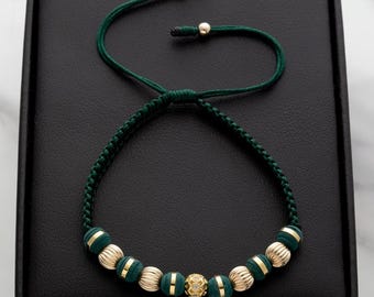 Pulsera de Balines Verde en Oro 18K Laminado. 18K Gold Plated Colombia Bracelet. 6MM. Ajustable. Adjustable.