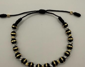Pulsera de Balines Negra con plata 925 3MM en Baño de Oro 18K 4MM. Gold Plated 18K and Silver Colombia.