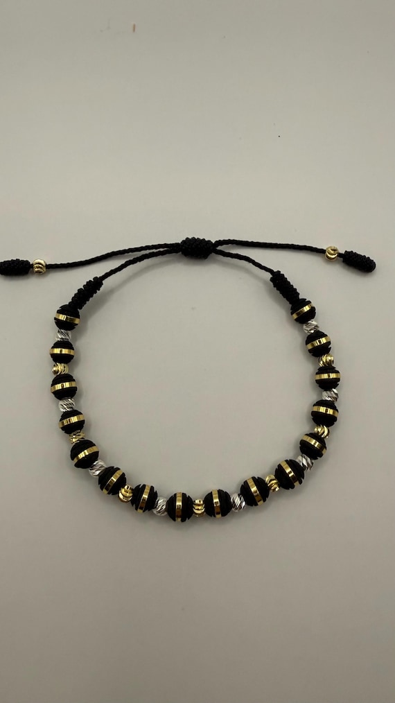 Pulsera de Balines Negra con plata 925 3MM en Baño de Oro 18K 4MM. Gold Plated 18K and Silver Colombia.