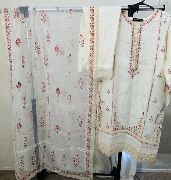 Pakistani Original Bin Saeed Organza Embroidered Dress Size(Medium)