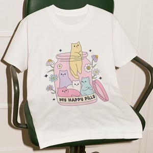 My Happy Pills,Cute Cat Jar Bottle,Comfort Colors® Shirt,Positive Mental Health Self Care,Pastel Kawaii Cartoon,Funny Therapy Teacher,CE-266