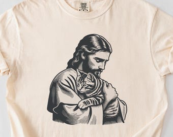 Jesus håller katt, retro religiös meme. Comfort Colors®-skjorta, vintage grafisk t-shirt, streetwear, rolig present till husdjursälskare, andlig humor, 2504-193
