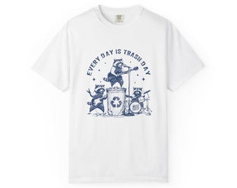 CH-031,Every Day is Trash Day,Funny raccoon band,Comfort Colors® Unisex Washed Shirt,retro vintage,cute animal,music,panda,guitar,drum,bass