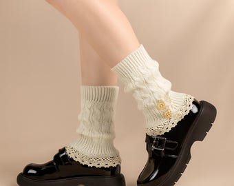 Knit Ankle Warmers with Lace – Cable Knit Boot Cuffs