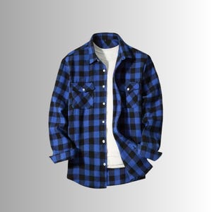 May include: Blue and black plaid flannel shirt with two chest pockets and button-down closure. The long-sleeved shirt is layered over a white t-shirt. The shirt is a classic casual style.