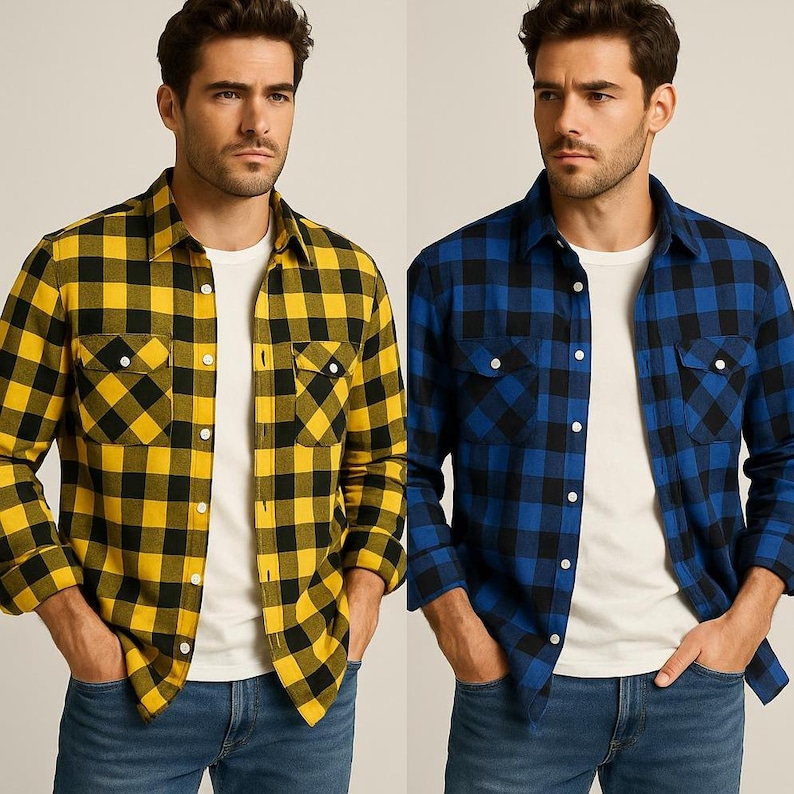 May include: Two plaid button-down shirts, one yellow and black, the other blue and black. Both shirts have two chest pockets and are worn over a white t-shirt and blue jeans. The shirts are long-sleeved.