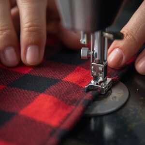 May include: Close-up of a sewing machine in operation, stitching red and black plaid fabric. The machine's needle is piercing the fabric, creating a seam. The fabric is a classic buffalo check pattern.