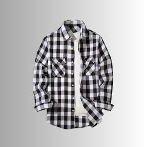 May include: Black and white checkered flannel shirt with two chest pockets and a button-down front. The shirt is open, revealing a white undershirt. The sleeves are rolled up, and the collar is visible. The shirt is a classic casual style.