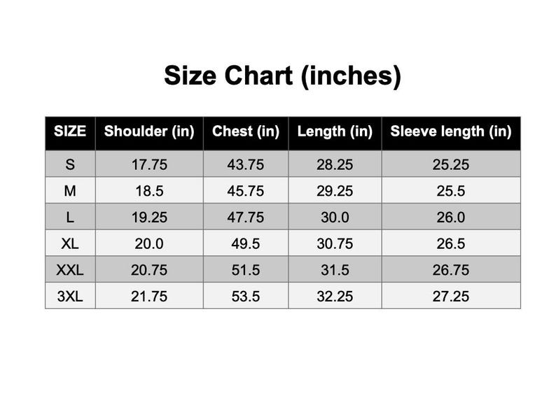 May include: A size chart in inches for clothing, with measurements for shoulder, chest, length, and sleeve length. Sizes range from S to 3XL, with corresponding measurements in inches.