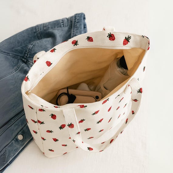 Strawberry Tote Bag, Aesthetic Corduroy Shoulder Bag, Cute Book Bag with Pockets, Kawaii Grocery Shopper, Gift for Her