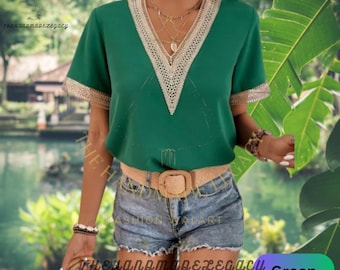 Y2k Chic Hollow Out Top Women Crop top Vintage Crochet Handmade Cover up Casual Summer Short Sleeve Stylish Lace Pleated Patchwork Blouse