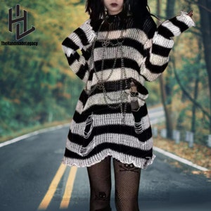 Y2k Harajuku Grunge Clothes Thin Dark Streetwear Christmas Gothic Long Unisex Sweater Women Striped Cool Hollow Out Hole Broken Jumper Top