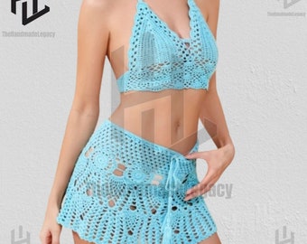 Y2k Bohemian Crochet Tassel Beach Dress Casual Beach Running Lace See Through Slim Mini Skirts Two-piece Bathing Women Bikini Set Cover Up