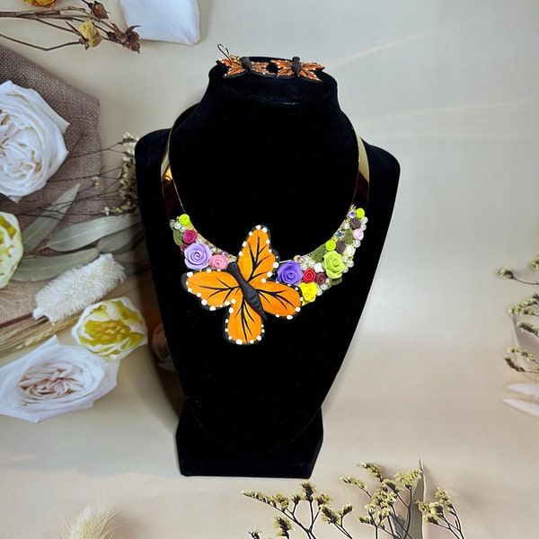 Collar de Gargantilla de Mariposa con Aretes/Regalo para Mama/Regalo para Ella/Joyeria Artesenal