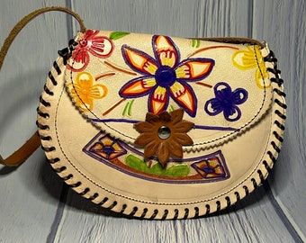 Bolsa de cuero vaqueta mexicano, Bolsa pintadas a mano, Bolsas