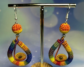 Huichol Inspired Thread Chaquira Earrings from Chiapas Mexico, Women's Birthday Gift, Handmade Mexican Artisan Jewelry, Colorful Earrings