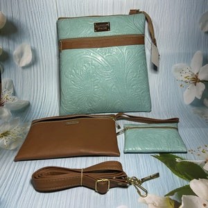 Combo de Bolsa de cuero vegano mexicano, hechos a mano, Bolsa artesanal, Crossbody, Bolsa florales de cuero vegano tallados a mano