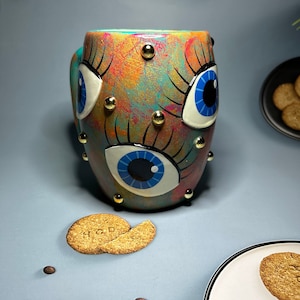 Evil Eye Ceramic Coffee Cup, Handmade, Artisan Coffee Cup, Hand Painted Coffee Cup, Birthday Gift, A Gift For Her