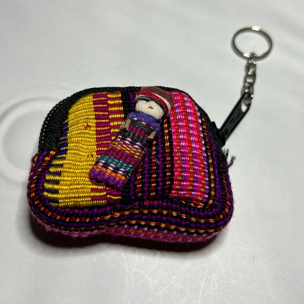 Unique Worry Free Doll Keychain, Artisan Crafted Mexican Coin Purse, Gift for Her, Handmade Huipil Small Pouch from Chiapas