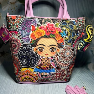 Cartera de yute Frida Kahlo, bolso artesanal mexicano hecho a mano con correa desmontable, regalo de cumpleaños, bolso artesanal Frida Kahlo