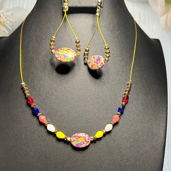 Unique Handmade Necklace and Earrings Set, Compressed Powder with Different Stones, Handcrafted Jewelry, Birthday Gift