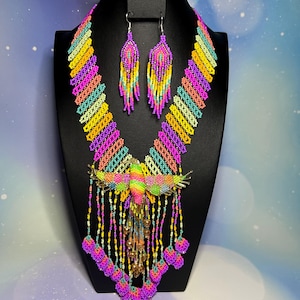 Hummingbird Beaded Huichol Jewelry Set, Handmade Artisan Mexican Necklace Set, Unique Birthday Gift, Huichol Chaquira Set, Long Necklace Set