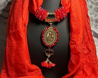 Pashminas With Our Lady Of Guadalupe Pendants, Mexican Pashminas, Artisan Pashminas, Crystal Beads Pashminas, Christmas Gifts