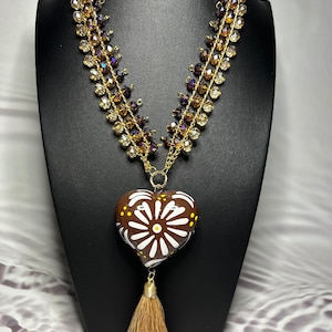 Hand Painted Heart Necklaces Made of Ceramic, Mexican Jewelry, Artisan Jewelry, Birthday Gifts, Crystal Beads Necklaces