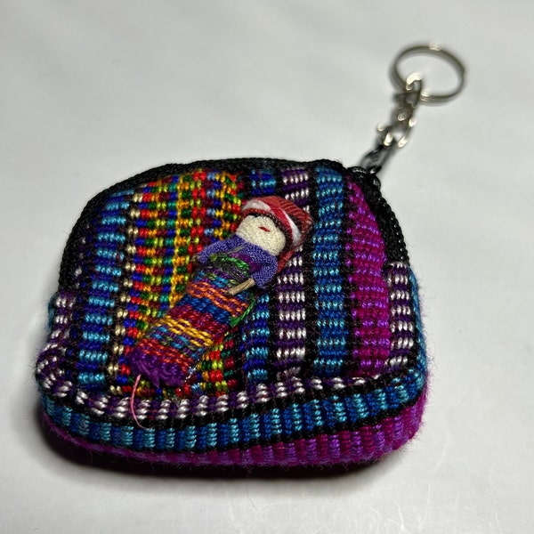 Unique Worry Free Doll Keychain, Artisan Crafted Mexican Coin Purse, Gift for Her, Handmade Huipil Small Pouch from Chiapas