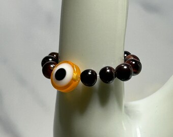 Handmade Evil Eye Ring with Natural Stones: Amulet Protection, Stretch Ring