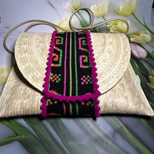 Cartera de hoja de palma natural, mexicano artesanal, Cartera de tira bordada, Cartera de paja, hecha a mano, un regalo para ella