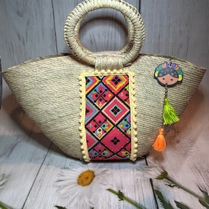 Bolsas de hoja de palma, bolsas de paja, hechas a mano, bolsas de palma tejidas a mano, bolsas de paja de cinta, bolsas de picnic