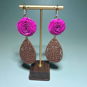 Round Flower Palm Leaf Earrings, Handmade Wood Earrings, Artisan Jewelry, Women&#39;s Jewelry, Unique Birthday Gift, Hand Painted Jewelry