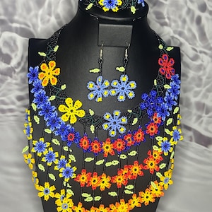 Handgemaakte chaquira set kettingen, Huichol Mexicaanse sieraden, ambachtelijke kralen sieraden, kleurrijke Huichol set kettingen, verjaardagscadeaus