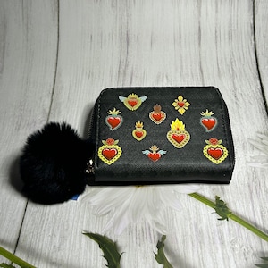 Cute Mexican Wallets with Attached Pom-Pom, Hearts Wallets, Handmade, Small Wallets, Woman Wallets, Cash and Card Wallets