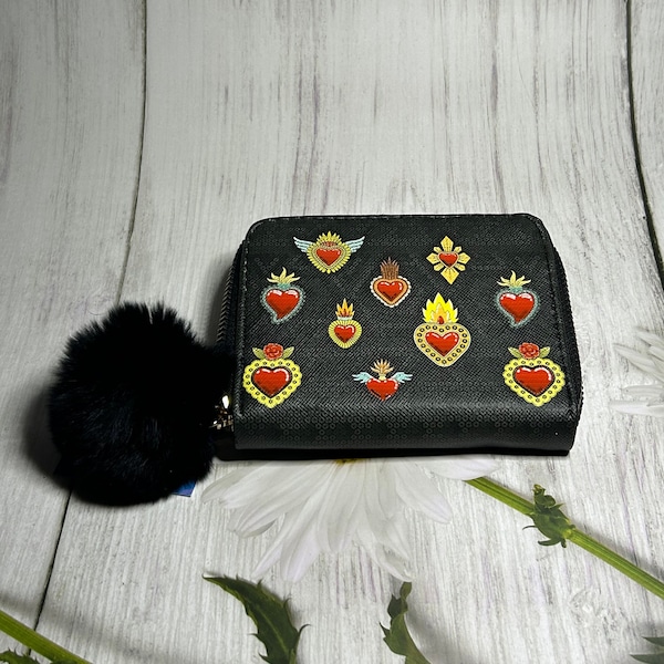 Cute Mexican Wallets with Attached Pom-Pom, Hearts Wallets, Handmade, Small Wallets, Woman Wallets, Cash and Card Wallets