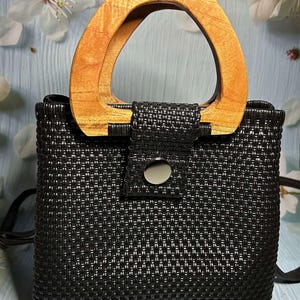 Unieke ambachtelijke plastic schoudertas met houten handvat, handgemaakt in Oaxaca, Mexico, perfect verjaardagscadeau, afneembaar bandje