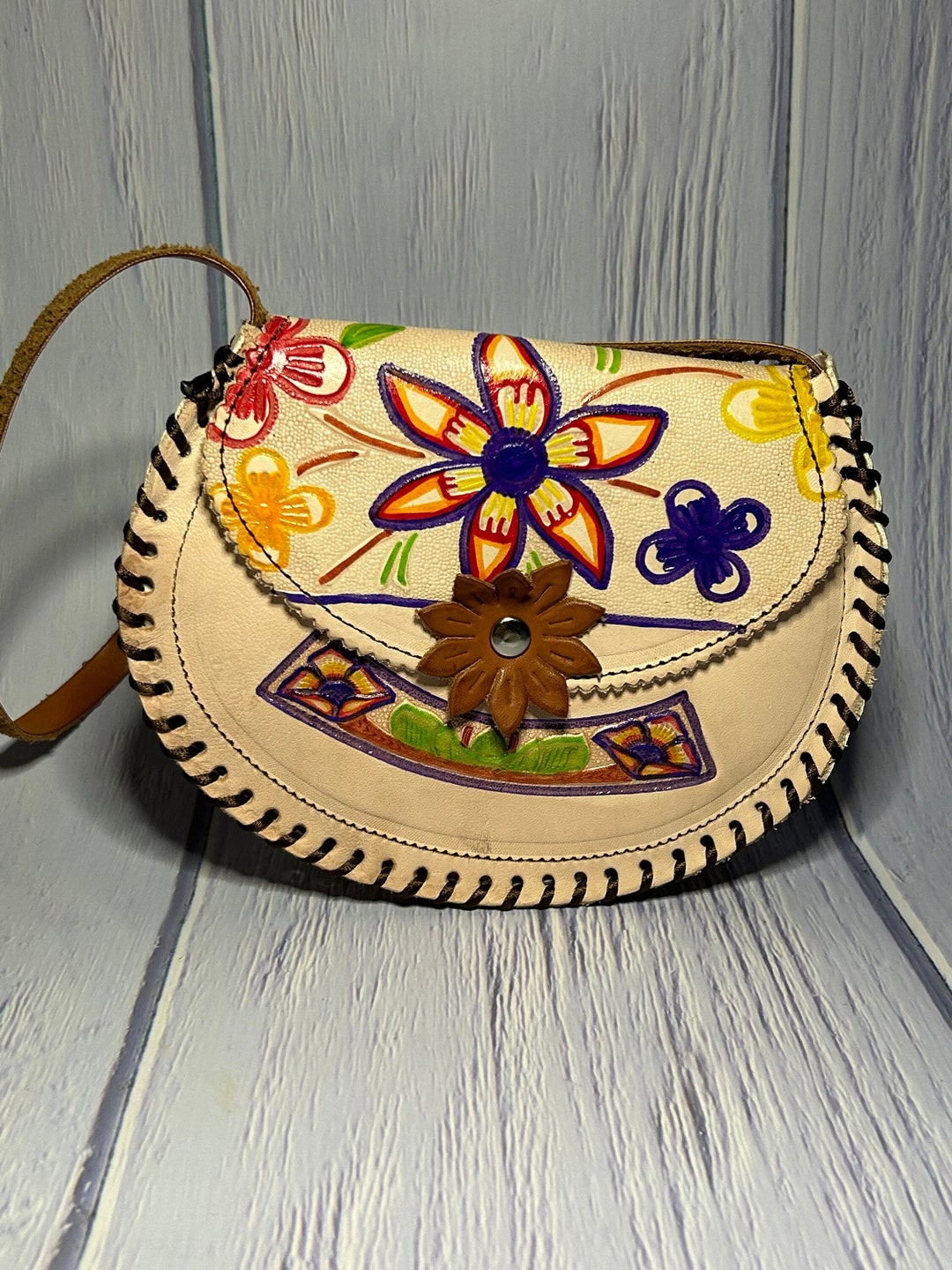 Bolsa de cuero vaqueta mexicano, Bolsa pintadas a mano, Bolsas