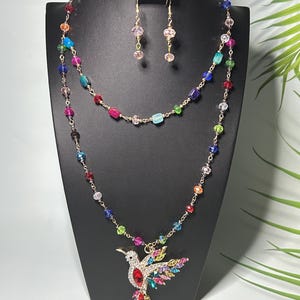 Conjunto de joias com colar de beija-flor – Joias artesanais mexicanas, colar de contas de cristal de 2 fios com pedra preciosa, presente de aniversário exclusivo