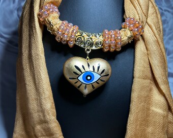 Pashminas With Hand Painted Evil Eye Heart Made of Ceramic, Mexican Pashminas, Artisan Pashminas, A Gift For Her