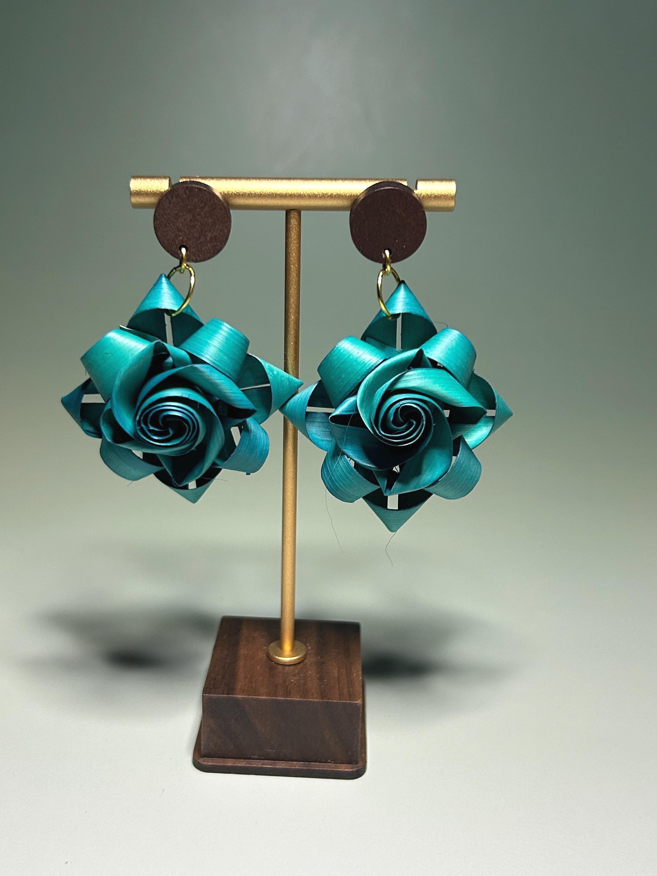 Handmade Palm Leaf Flower Earrings: Mexican Wood Studs