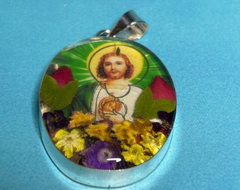 Sterling Silver Religious Pendant: Real Pressed Flowers, Handmade
