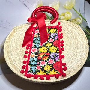Bolsas Grandes Redondas de Palma, Mexicanas Artesanal, Bolsas de Tira Bordada, Bolsas de Paja, Hechas a Mano, Bolsas de Palma Tejidas a Mano